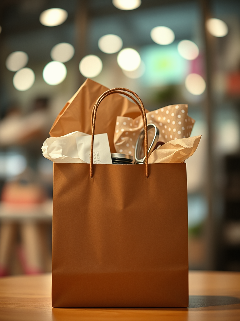 boutique brown paper bag with handle full of items and tissue paper